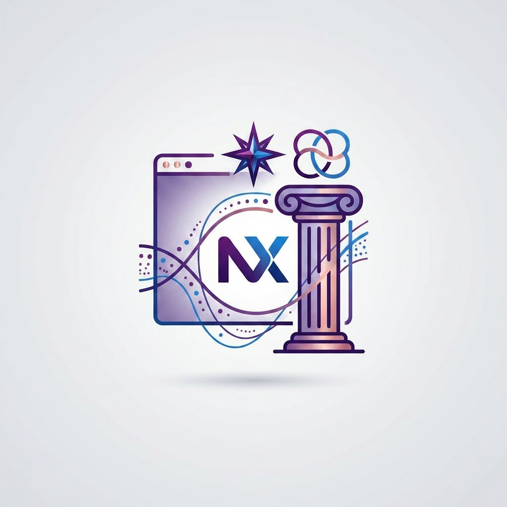 Desktop computer showing Nexus Digital homepage with services and projects