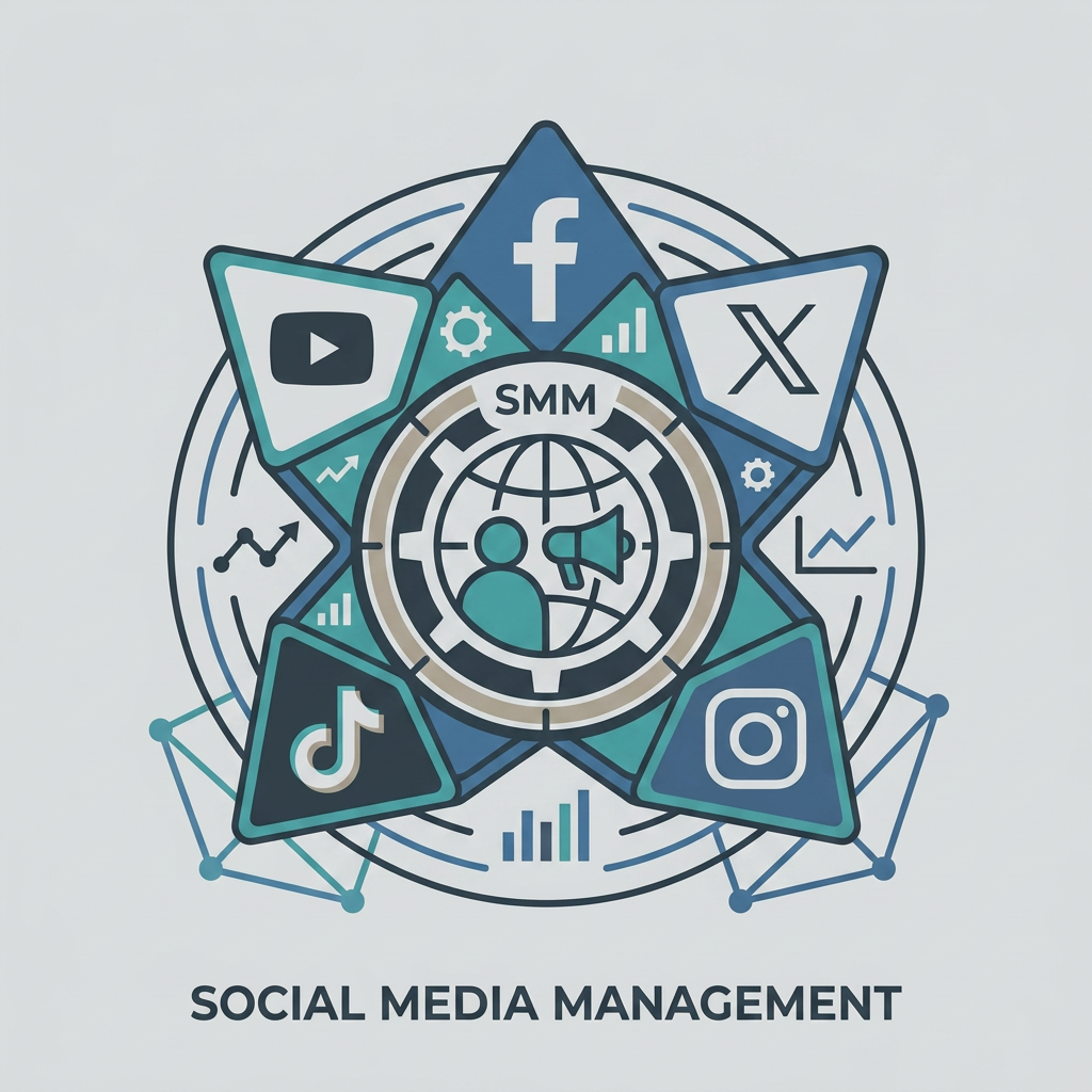 Social media platform integration hub Icons of Facebook, YouTube, TikTok, Instagram, and X connected around social media management symbol